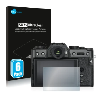 Parte frontal de un envase de producto con el logotipo de la marca Savvies. Al lado se muestra el dispositivo Fujifilm X-T30 c