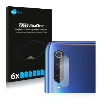 Parte frontal de un envase de producto con el logotipo de la marca Savvies. Al lado se muestra el dispositivo Xiaomi Mi 9 (SÓL
