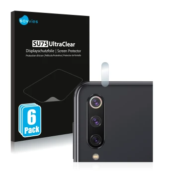 Parte frontal de un envase de producto con el logotipo de la marca Savvies. Al lado se muestra el dispositivo Xiaomi Mi 9 SE (