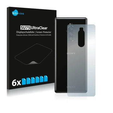 Parte frontal de un envase de producto con el logotipo de la marca Savvies. Al lado se muestra el dispositivo Sony Xperia 1 (T