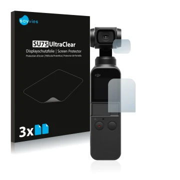 Parte frontal de un envase de producto con el logotipo de la marca Savvies. Al lado se muestra el dispositivo DJI Osmo Pocket 