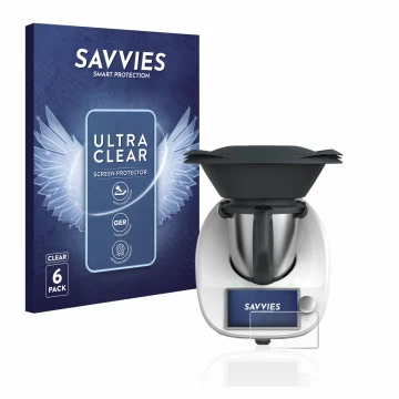 Parte frontal de un envase de producto con el logotipo de la marca Savvies. Al lado se muestra el dispositivo Vorwerk Thermomi