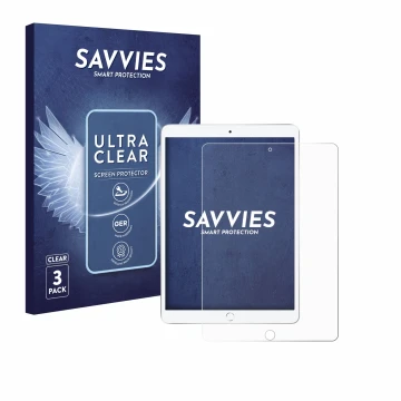 Parte frontal de un envase de producto con el logotipo de la marca Savvies. Al lado se muestra el dispositivo Apple iPad Air 2