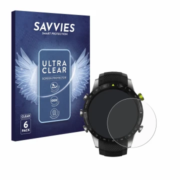 Parte frontal de un envase de producto con el logotipo de la marca Savvies. Al lado se muestra el dispositivo Garmin Marq Athl