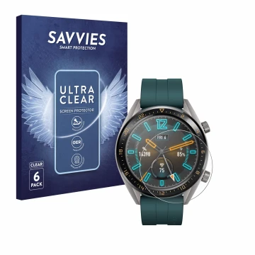 Parte frontal de un envase de producto con el logotipo de la marca Savvies. Al lado se muestra el dispositivo Huawei Watch GT 