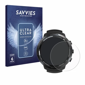 Parte frontal de un envase de producto con el logotipo de la marca Savvies. Al lado se muestra el dispositivo Suunto D5 con su