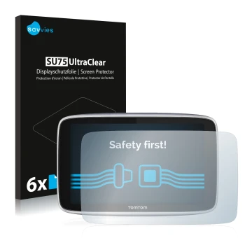 Parte frontal de un envase de producto con el logotipo de la marca Savvies. Al lado se muestra el dispositivo TomTom GO Premiu