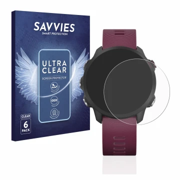 Parte frontal de un envase de producto con el logotipo de la marca Savvies. Al lado se muestra el dispositivo Garmin Forerunne