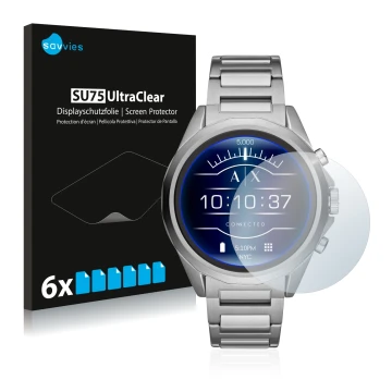 Parte frontal de un envase de producto con el logotipo de la marca Savvies. Al lado se muestra el dispositivo Emporio Armani C