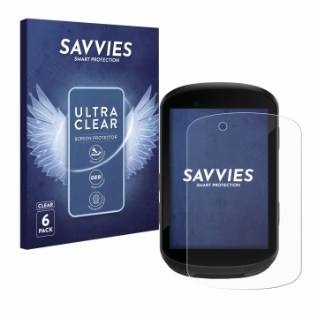 Parte frontal de un envase de producto con el logotipo de la marca Savvies. Al lado se muestra el dispositivo Garmin Edge 830 