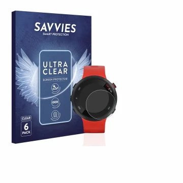 Parte frontal de un envase de producto con el logotipo de la marca Savvies. Al lado se muestra el dispositivo Garmin Forerunne