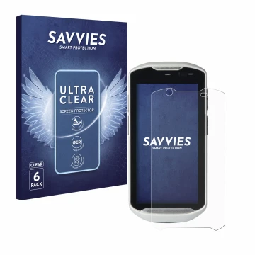 Parte frontal de un envase de producto con el logotipo de la marca Savvies. Al lado se muestra el dispositivo Zebra TC52-HC co