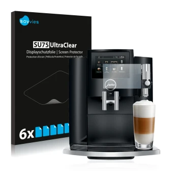 Parte frontal de un envase de producto con el logotipo de la marca Savvies. Al lado se muestra el dispositivo Jura S8 con su p