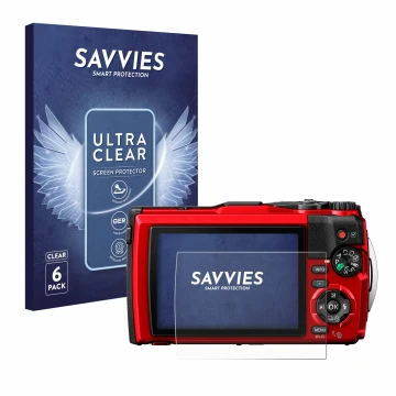 Parte frontal de un envase de producto con el logotipo de la marca Savvies. Al lado se muestra el dispositivo Olympus Tough TG