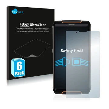 Parte frontal de un envase de producto con el logotipo de la marca Savvies. Al lado se muestra el dispositivo Cubot King Kong 