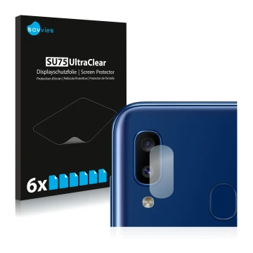 Parte frontal de un envase de producto con el logotipo de la marca Savvies. Al lado se muestra el dispositivo Samsung Galaxy A