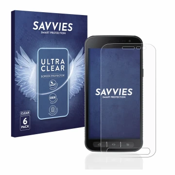 Parte frontal de un envase de producto con el logotipo de la marca Savvies. Al lado se muestra el dispositivo Samsung Galaxy X