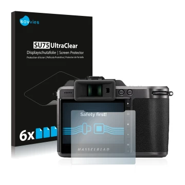 Parte frontal de un envase de producto con el logotipo de la marca Savvies. Al lado se muestra el dispositivo Hasselblad X1D I