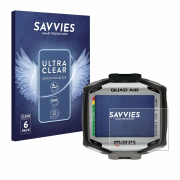 Parte frontal de un envase de producto con el logotipo de la marca Savvies. Al lado se muestra el dispositivo Mares Quad Air c