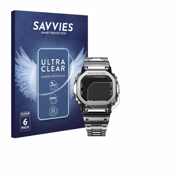 Parte frontal de un envase de producto con el logotipo de la marca Savvies. Al lado se muestra el dispositivo Casio G-Shock GM