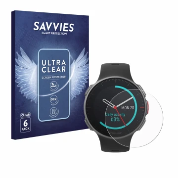 Parte frontal de un envase de producto con el logotipo de la marca Savvies. Al lado se muestra el dispositivo Polar Vantage V 