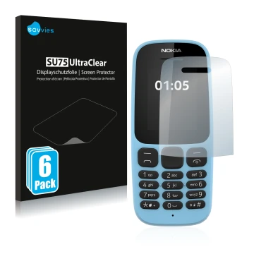 Parte frontal de un envase de producto con el logotipo de la marca Savvies. Al lado se muestra el dispositivo Nokia 105 2019 c