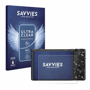 Parte frontal de un envase de producto con el logotipo de la marca Savvies. Al lado se muestra el dispositivo Sony Cyber-Shot 