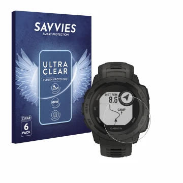 Parte frontal de un envase de producto con el logotipo de la marca Savvies. Al lado se muestra el dispositivo Garmin Instinct 