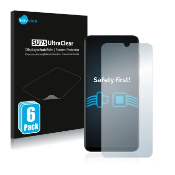 Parte frontal de un envase de producto con el logotipo de la marca Savvies. Al lado se muestra el dispositivo Samsung Galaxy A