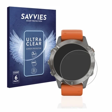 Parte frontal de un envase de producto con el logotipo de la marca Savvies. Al lado se muestra el dispositivo Garmin Fenix 6 P