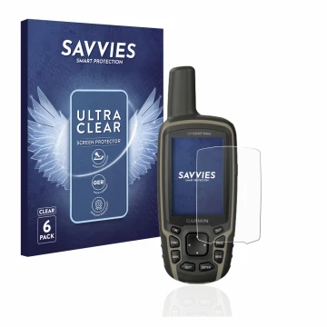 Parte frontal de un envase de producto con el logotipo de la marca Savvies. Al lado se muestra el dispositivo Garmin GPSMAP 64