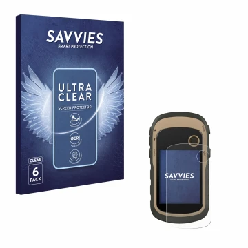 Parte frontal de un envase de producto con el logotipo de la marca Savvies. Al lado se muestra el dispositivo Garmin eTrex 32x