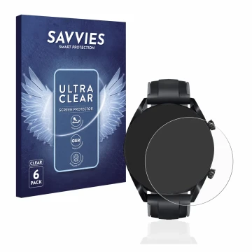 Parte frontal de un envase de producto con el logotipo de la marca Savvies. Al lado se muestra el dispositivo Huawei Watch GT 