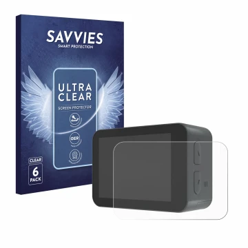 Parte frontal de un envase de producto con el logotipo de la marca Savvies. Al lado se muestra el dispositivo Akaso V50X con s