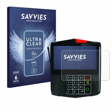 Parte frontal de un envase de producto con el logotipo de la marca Savvies. Al lado se muestra el dispositivo ingenico Lane/70