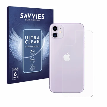Parte frontal de un envase de producto con el logotipo de la marca Savvies. Al lado se muestra el dispositivo Apple iPhone 11 