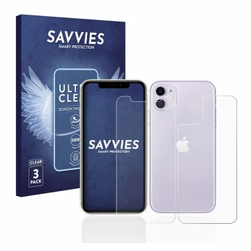 Parte frontal de un envase de producto con el logotipo de la marca Savvies. Al lado se muestra el dispositivo Apple iPhone 11 