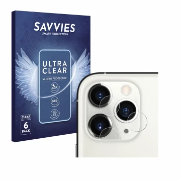 Parte frontal de un envase de producto con el logotipo de la marca Savvies. Al lado se muestra el dispositivo Apple iPhone 11 