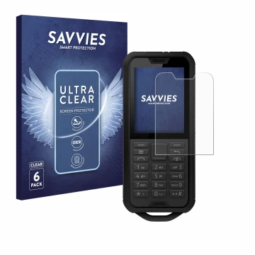 Parte frontal de un envase de producto con el logotipo de la marca Savvies. Al lado se muestra el dispositivo Nokia 800 Tough 