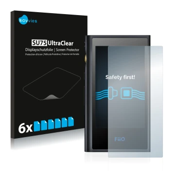 Parte frontal de un envase de producto con el logotipo de la marca Savvies. Al lado se muestra el dispositivo FiiO M9 con su p