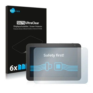 Parte frontal de un envase de producto con el logotipo de la marca Savvies. Al lado se muestra el dispositivo Amazon Echo Show