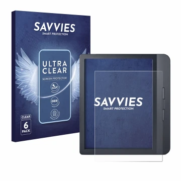 Parte frontal de un envase de producto con el logotipo de la marca Savvies. Al lado se muestra el dispositivo Kobo Libra H2O c