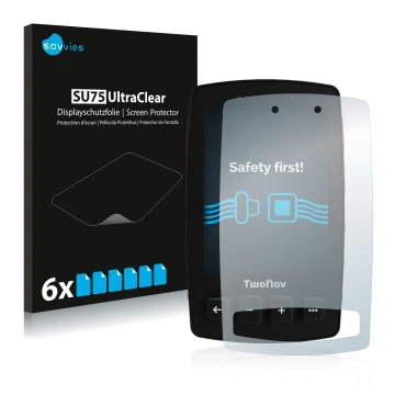 Parte frontal de un envase de producto con el logotipo de la marca Savvies. Al lado se muestra el dispositivo TwoNav Trail 2 c