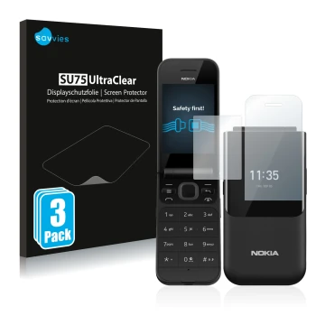 Parte frontal de un envase de producto con el logotipo de la marca Savvies. Al lado se muestra el dispositivo Nokia 2720 Flip 