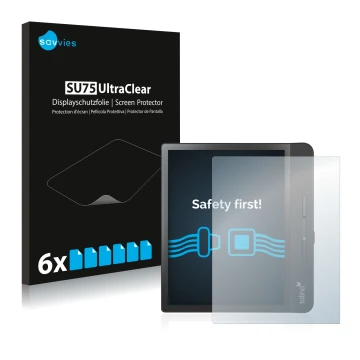 Parte frontal de un envase de producto con el logotipo de la marca Savvies. Al lado se muestra el dispositivo Tolino Epos 2 co