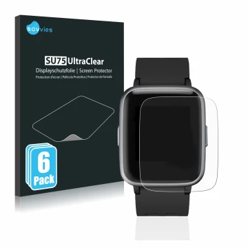 Parte frontal de un envase de producto con el logotipo de la marca Savvies. Al lado se muestra el dispositivo Letsfit Fitness 