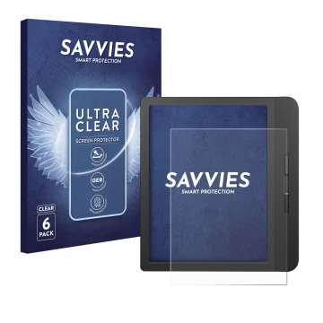 Parte frontal de un envase de producto con el logotipo de la marca Savvies. Al lado se muestra el dispositivo Tolino Vision 5 