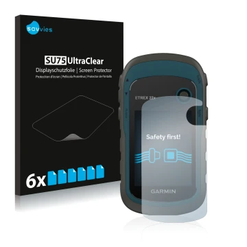 Parte frontal de un envase de producto con el logotipo de la marca Savvies. Al lado se muestra el dispositivo Garmin eTrex 22x