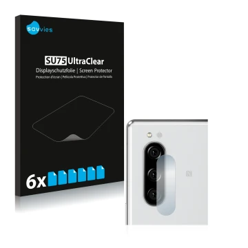 Parte frontal de un envase de producto con el logotipo de la marca Savvies. Al lado se muestra el dispositivo Sony Xperia 5 (S