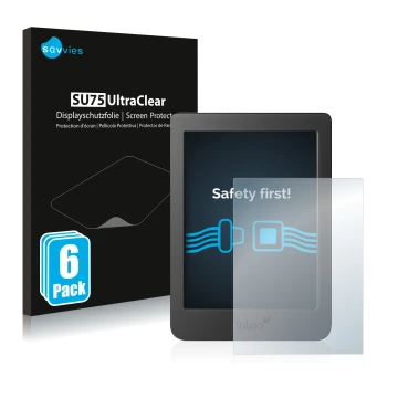 Parte frontal de un envase de producto con el logotipo de la marca Savvies. Al lado se muestra el dispositivo Tolino Page 2 co